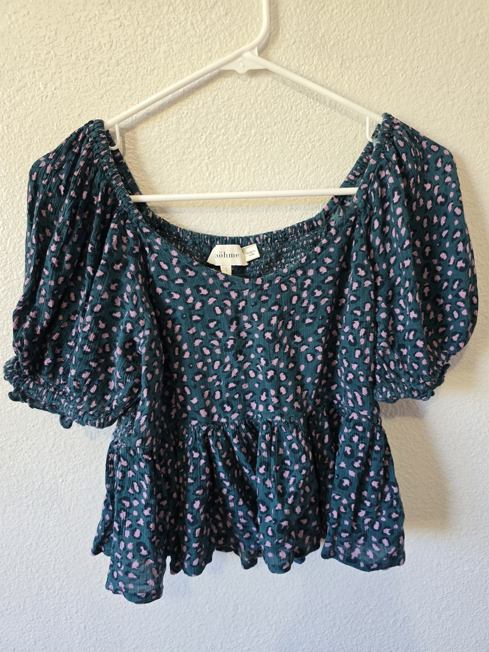 Bohme Teal Smocked Cropped Animal Print Top, Small